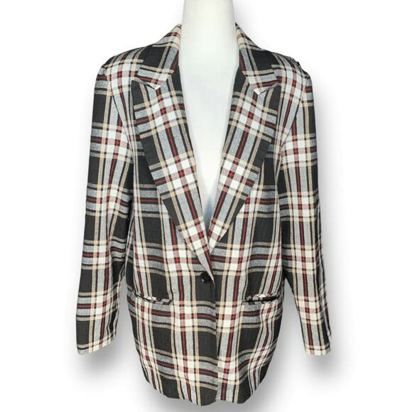 Vintage 90s Blazer Jacket Oversized Black Tan Plaid One Button Preppy Small - Picture 2 of 9